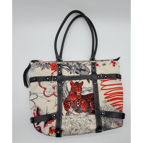 Salvatore Ferragamo Handbags - Salvatore Ferragamo Jaguar Print Nylon Leather Tote Bag Italy Shoulder Purse
